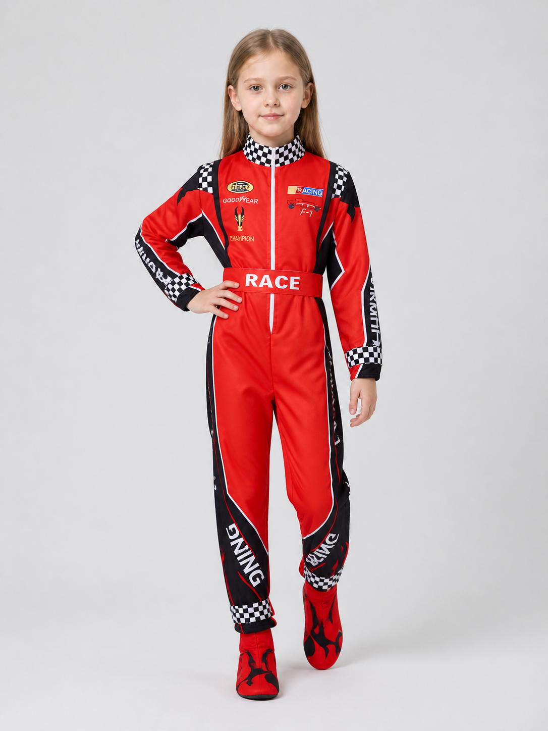 Red Racing Jumpsuit with Checkered Pattern, 110-XXXL