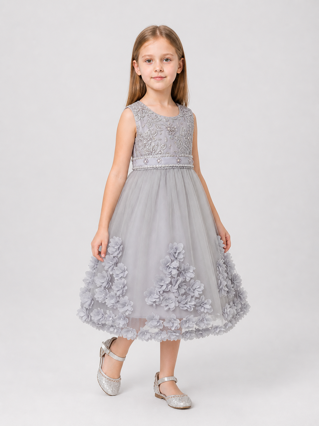 Girls’ Dressy Embroidered Dress with Flowers and Full Skirt product detail 2