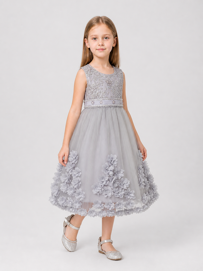 Girls’ Dressy Embroidered Dress with Flowers and Full Skirt product detail 2