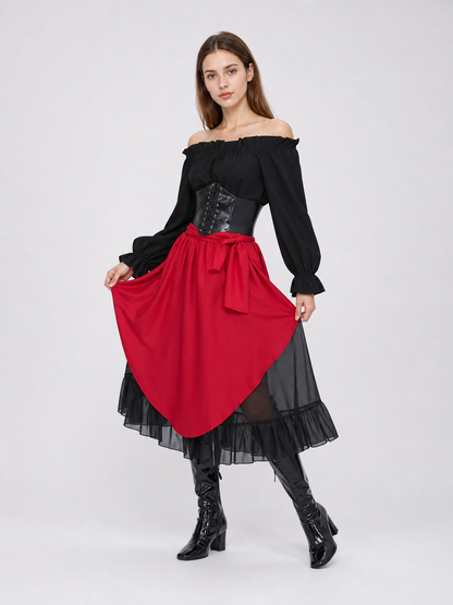 Theatrical pirate costume set with accessories. The two-color design in black