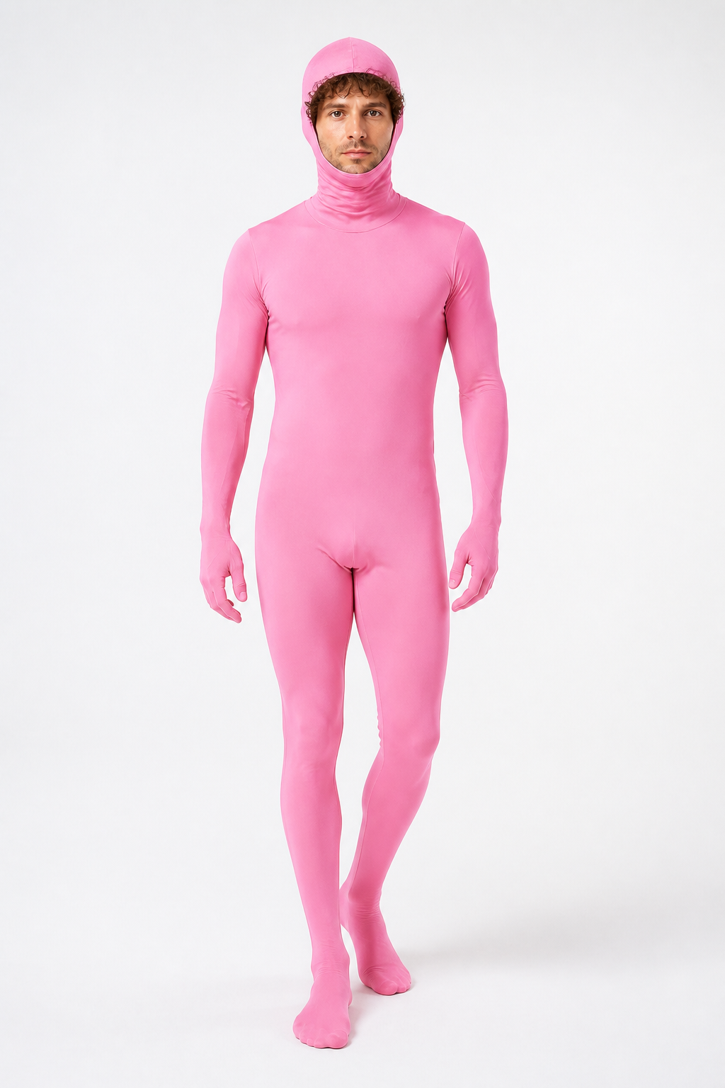 Pink one-piece zentai jumpsuit with an integrated hood product detail 2
