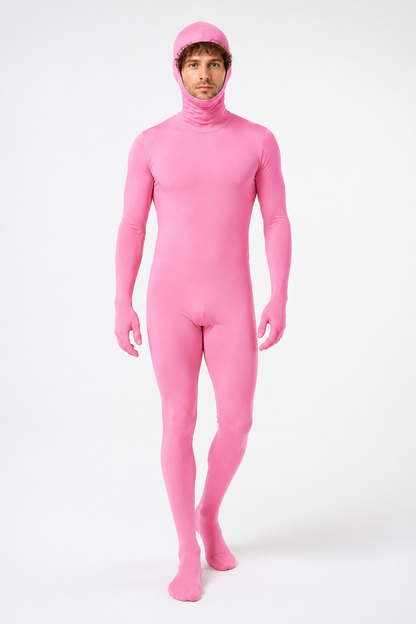 Pink one-piece zentai jumpsuit with an integrated hood product detail 2