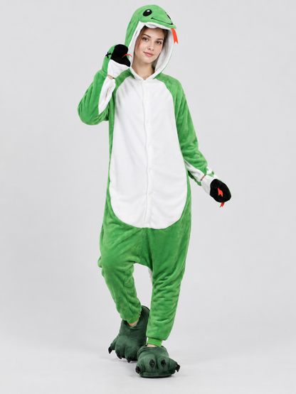 Green Flannel Dinosaur Hooded Pajama Jumpsuit