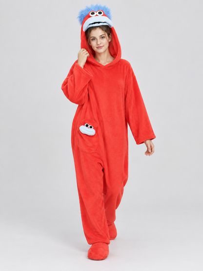 Red Fleece Pajama Jumpsuit with Cartoon Face