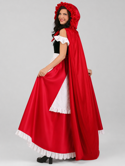 Red Riding Hood costume set designed as a dress with a cape, suitable for stage performances, festive dress-up, and themed cosplay. The set includes a costume combining a red dress with a full silhouette, a white apron-style front, and a re