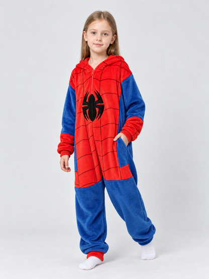 Red and Blue Fleece Pajama Jumpsuit with Spider Print