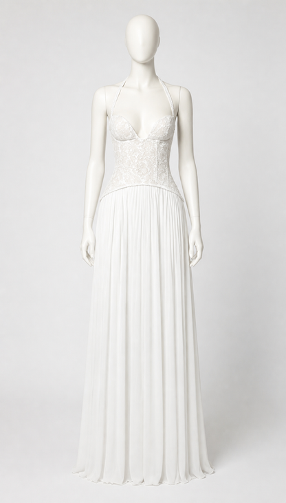 White Lace Dress with Pleated Skirt