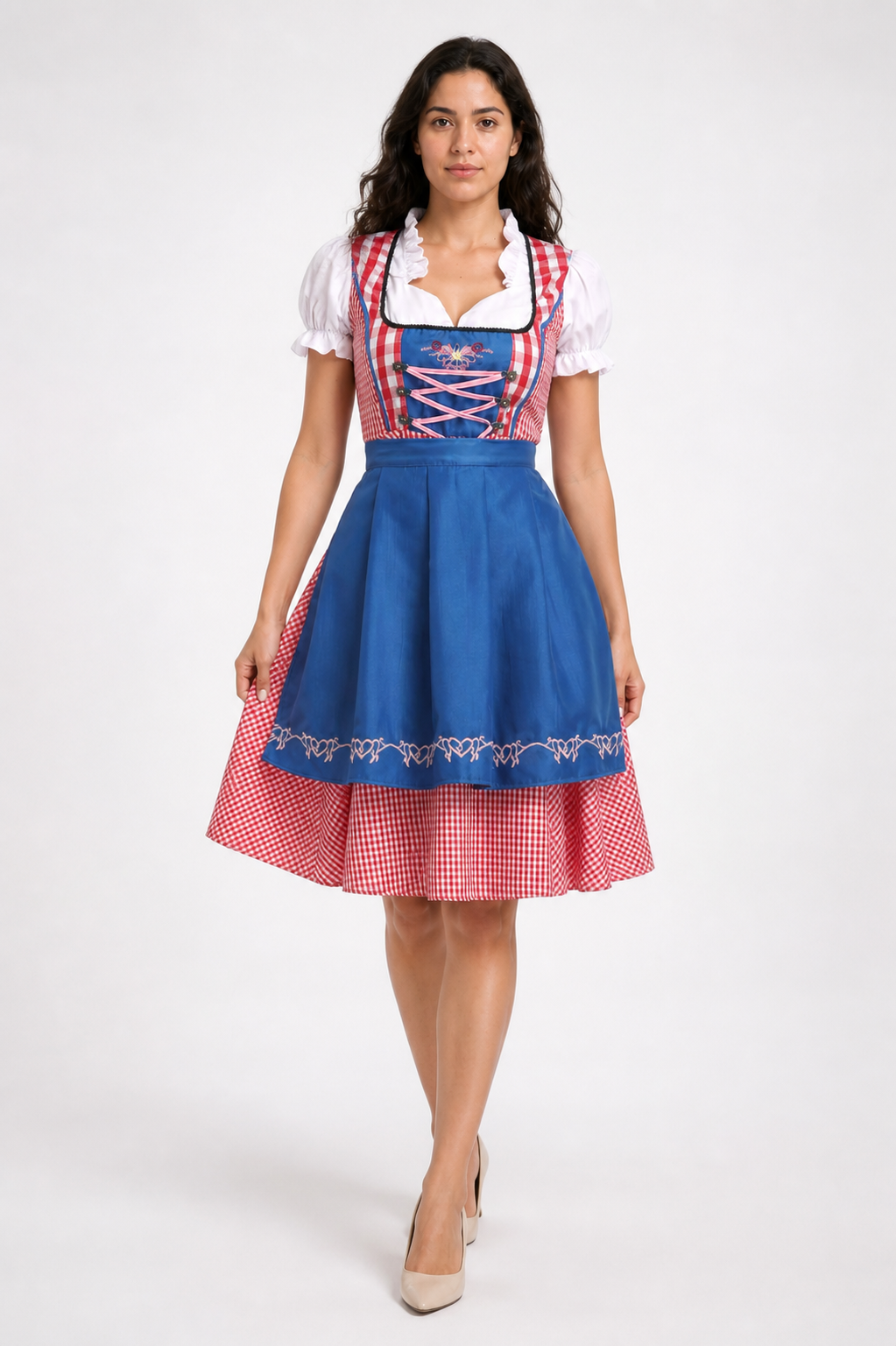 Bavarian Red Plaid Dirndl Dress with Apron Costume Dresses detail 2