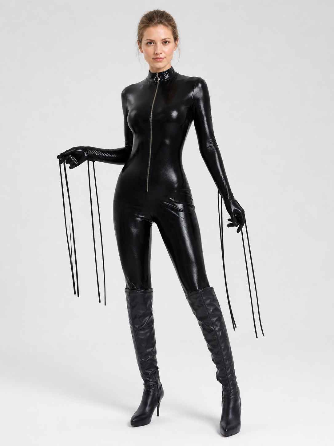 Black Fitted Jumpsuit with Cat Ears and Mask Costume Masks detail