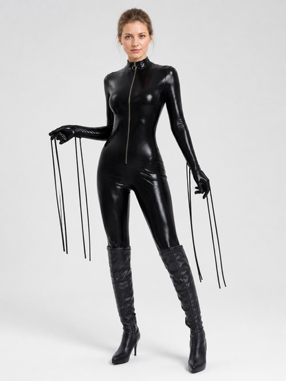 Black Fitted Jumpsuit with Cat Ears and Mask Costume Masks detail
