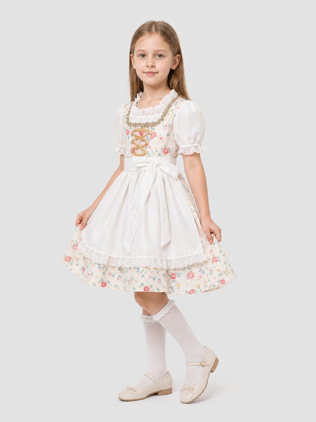 Dress with Apron and Headscarf, Floral Print