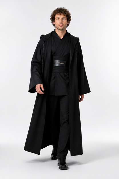 Black Long Hooded Robe with Belt product detail 2