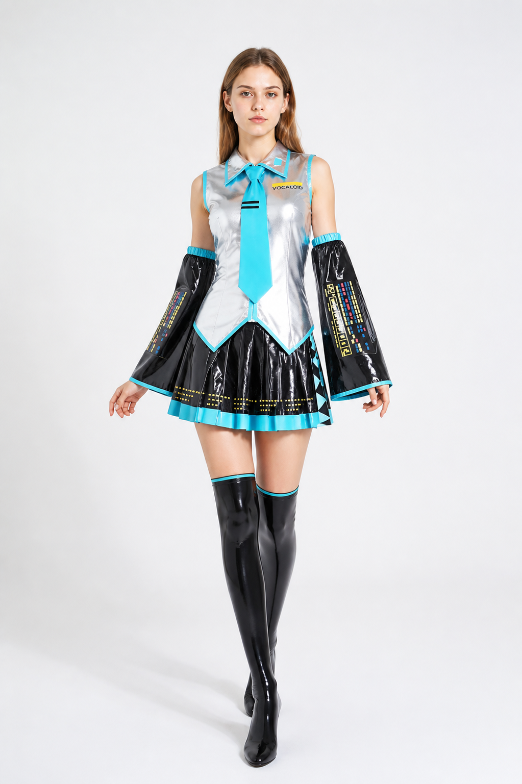 Miku Anime Costume, Silver and Black with Skirt and Leg Warmers Costumes detail 2