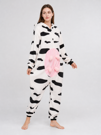 Cow-Print Hooded Kigurumi Jumpsuit