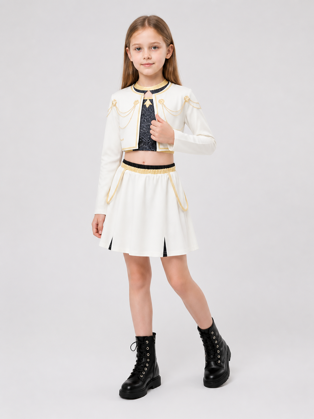 Children’s stage costume, white, black, and gold, 3 pieces product detail 2