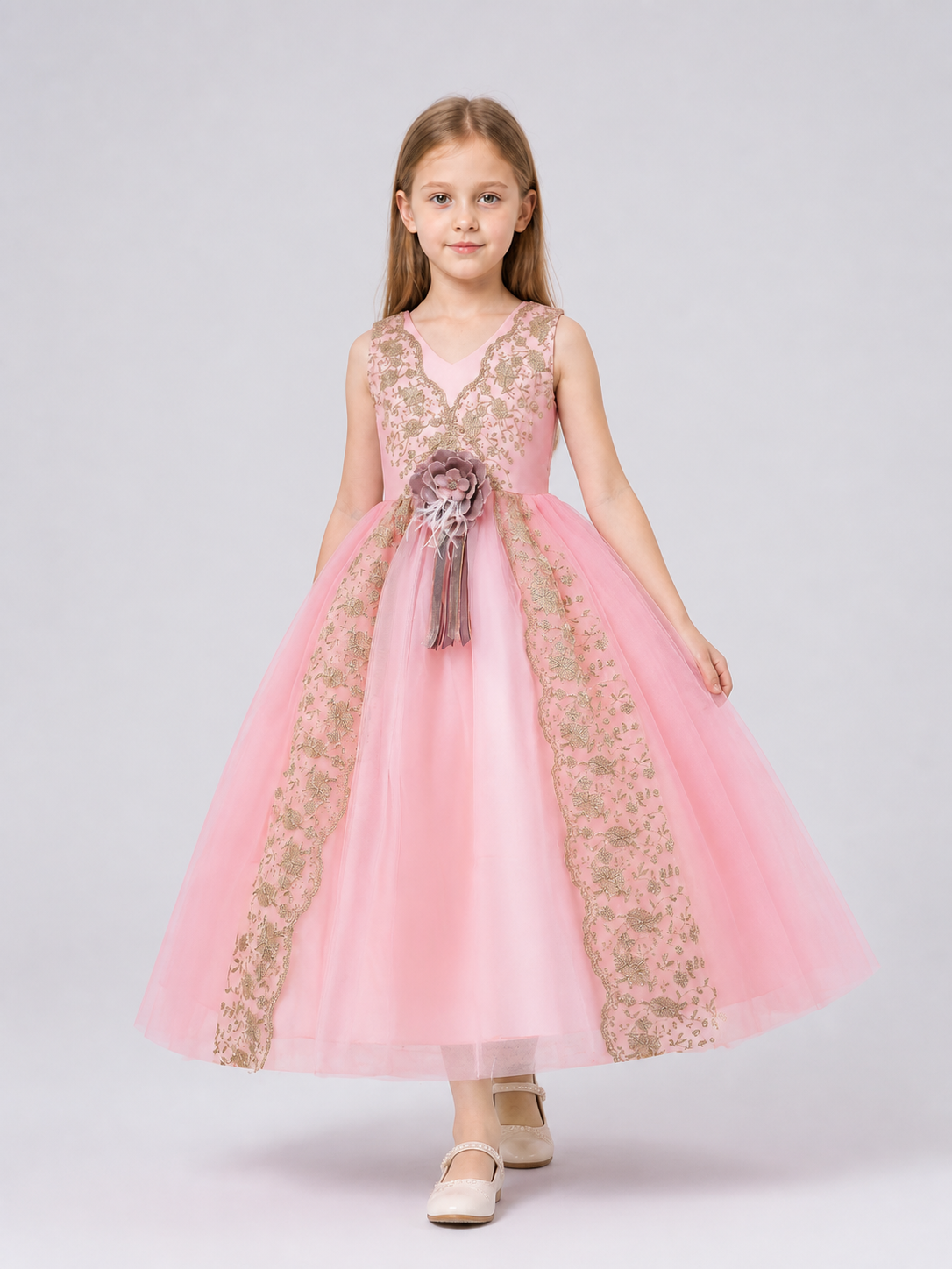 Full Skirt Dress with a V-Neckline and Floral Decoration