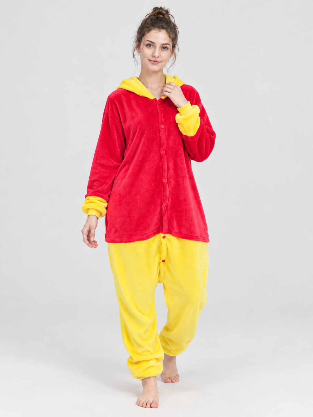 Flannel Hooded Pajama Jumpsuit Red and Yellow