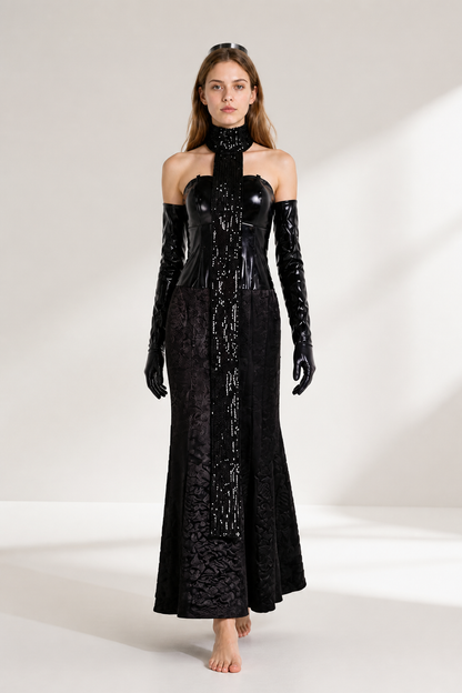 Long Black Sequin Dress with Gloves Costume Dresses detail 2