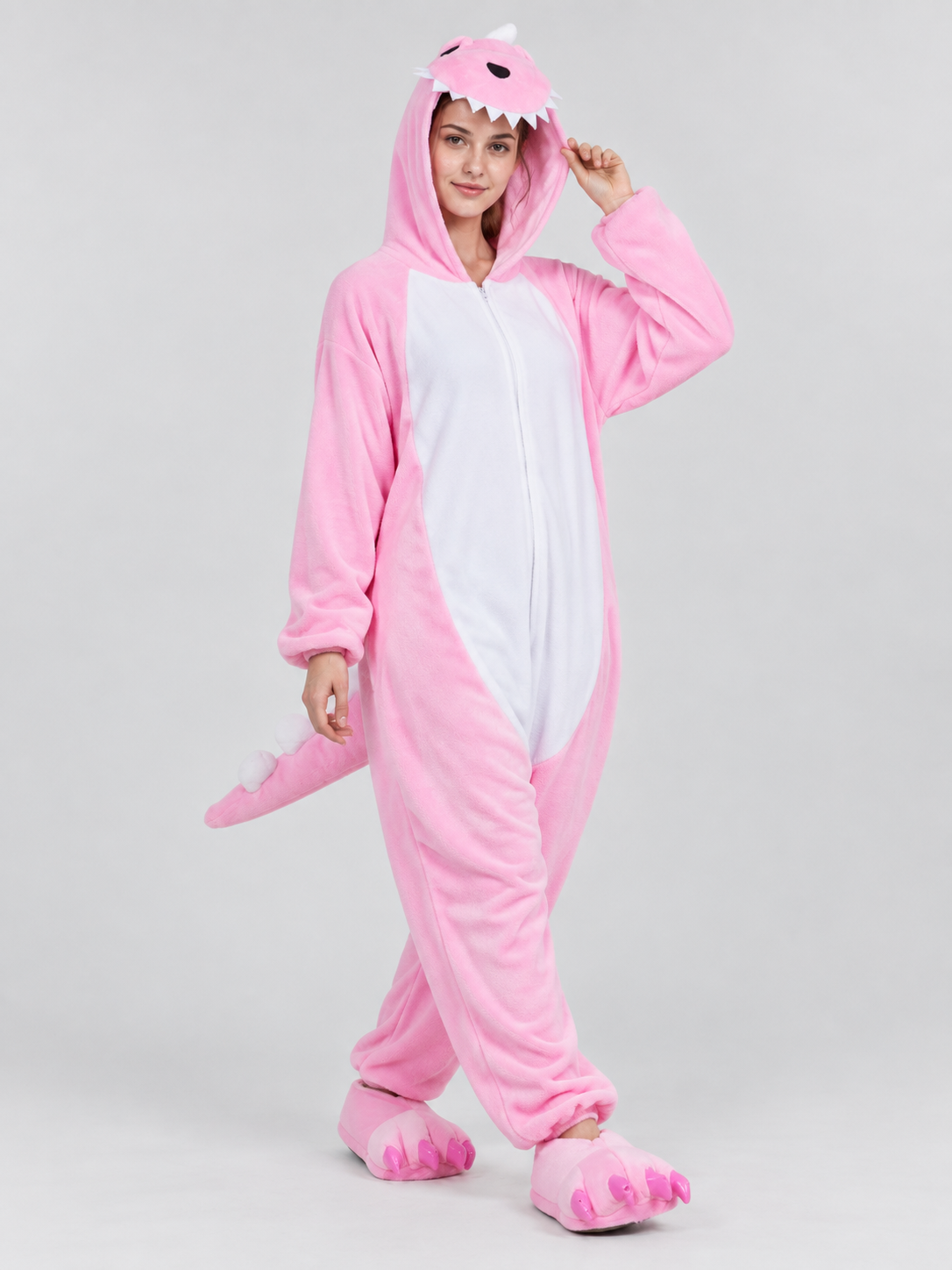 Pink and white pajama jumpsuit with dragon hood