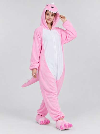 Pink and white pajama jumpsuit with dragon hood