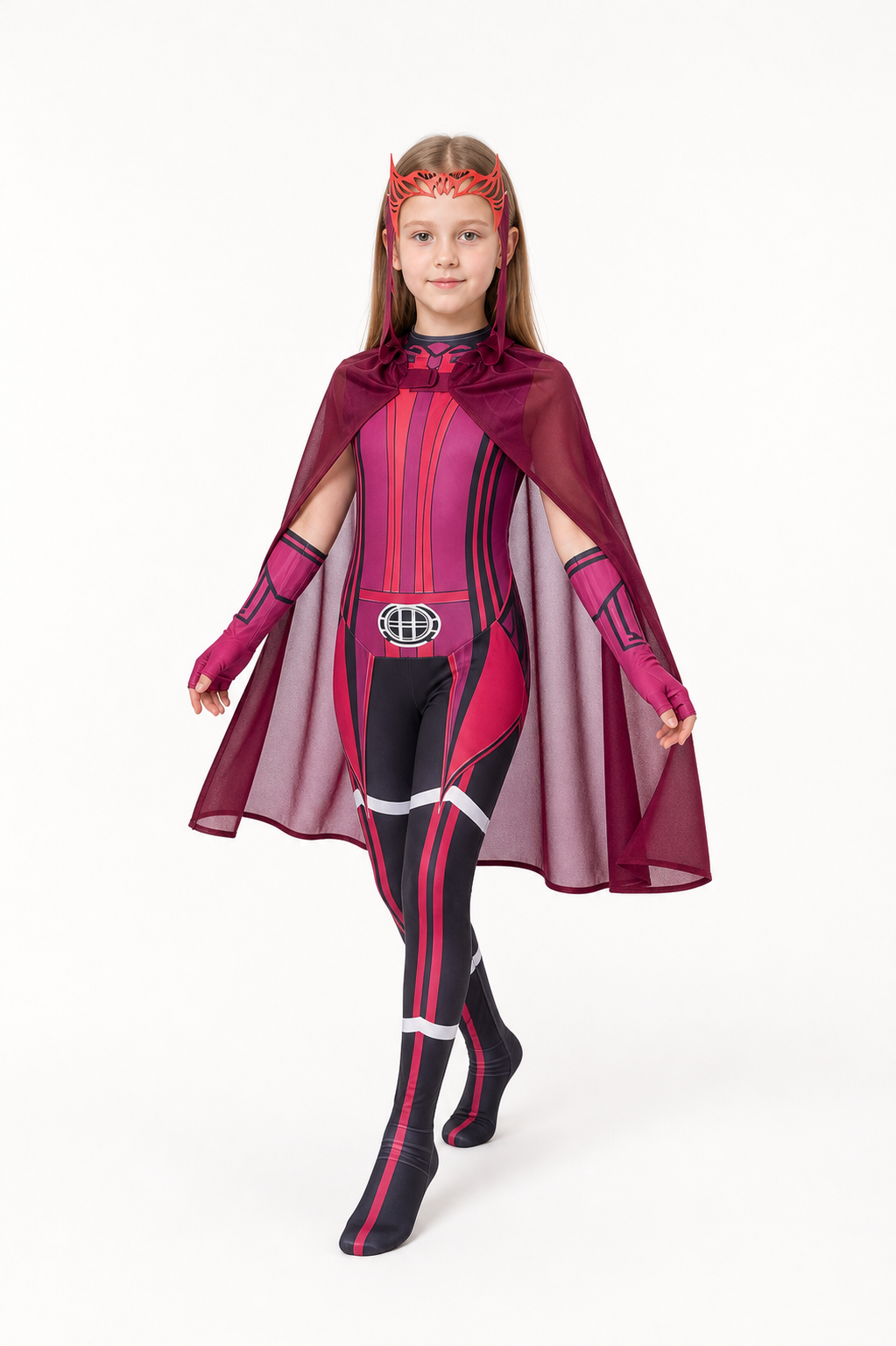 Scarlet Witch Cosplay Costume Set with Cape and Mask on-model alternate view