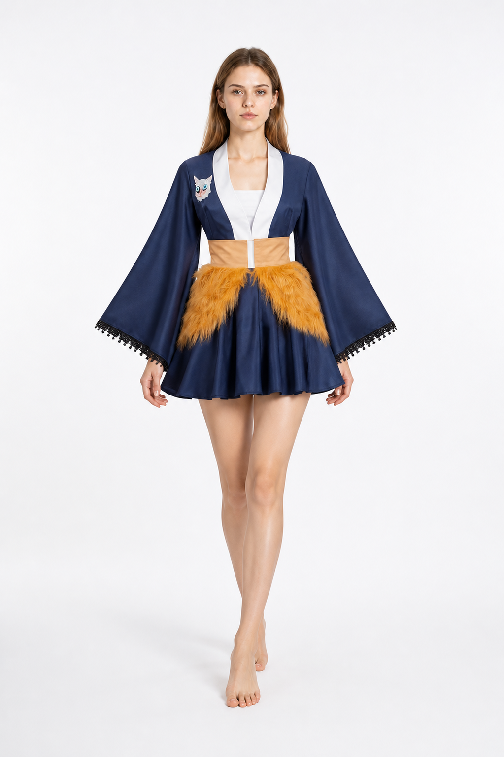 Japanese-Style Dress with Flared Sleeves and Cat Print Costume Dresses detail 2
