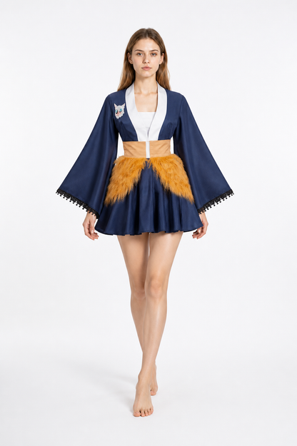 Japanese-Style Dress with Flared Sleeves and Cat Print Costume Dresses detail 2