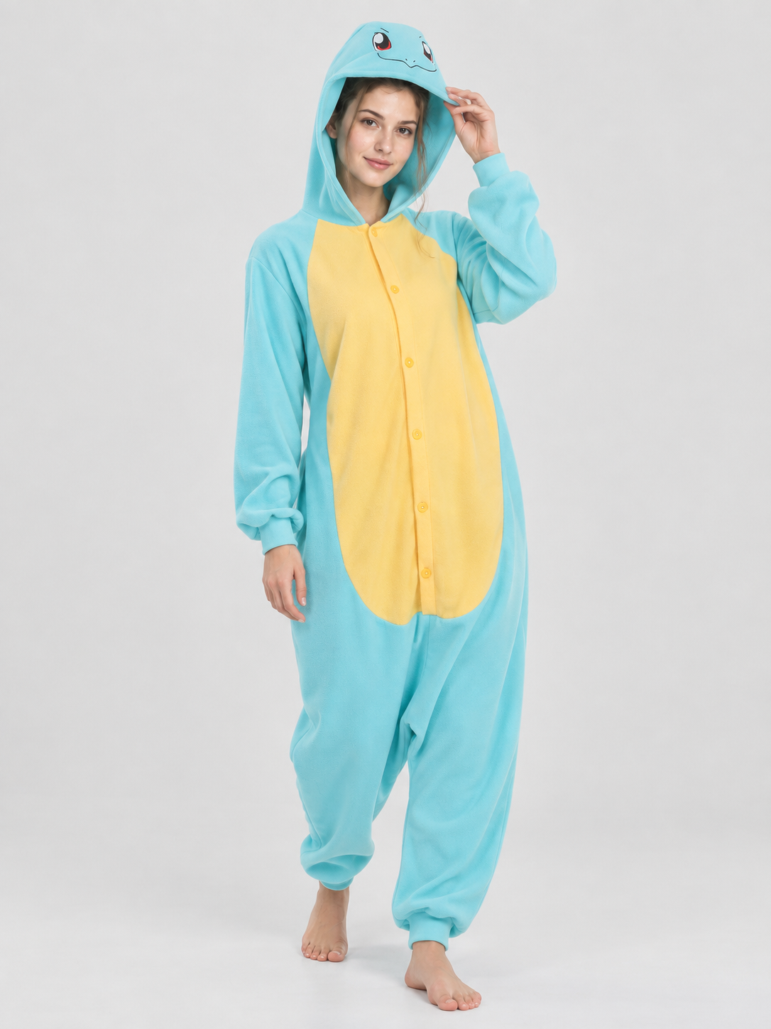 Turquoise-Yellow Hooded Pajama Jumpsuit with Face Detail