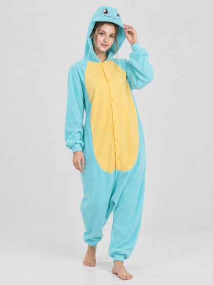 Turquoise-Yellow Hooded Pajama Jumpsuit with Face Detail