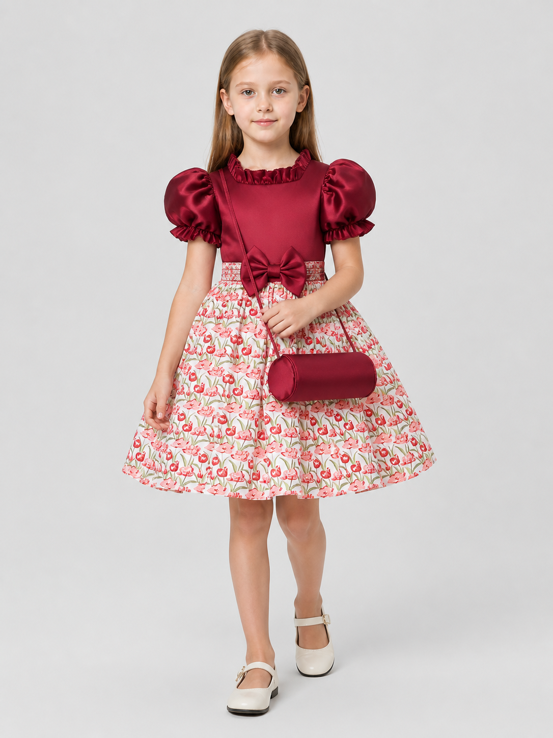Burgundy Princess Dress with Floral Print and Bow Costume Dresses detail 2