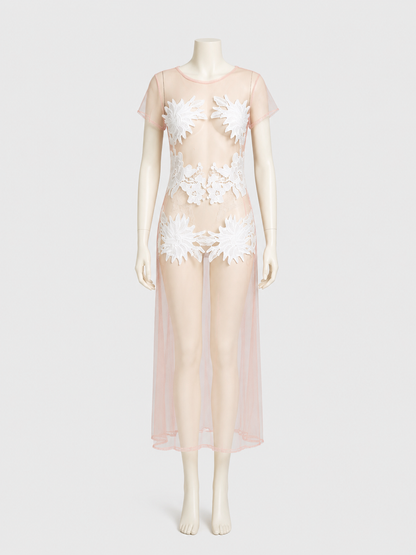 Sheer Floral Bodysuit with Long Draped Detail, M-XL product detail