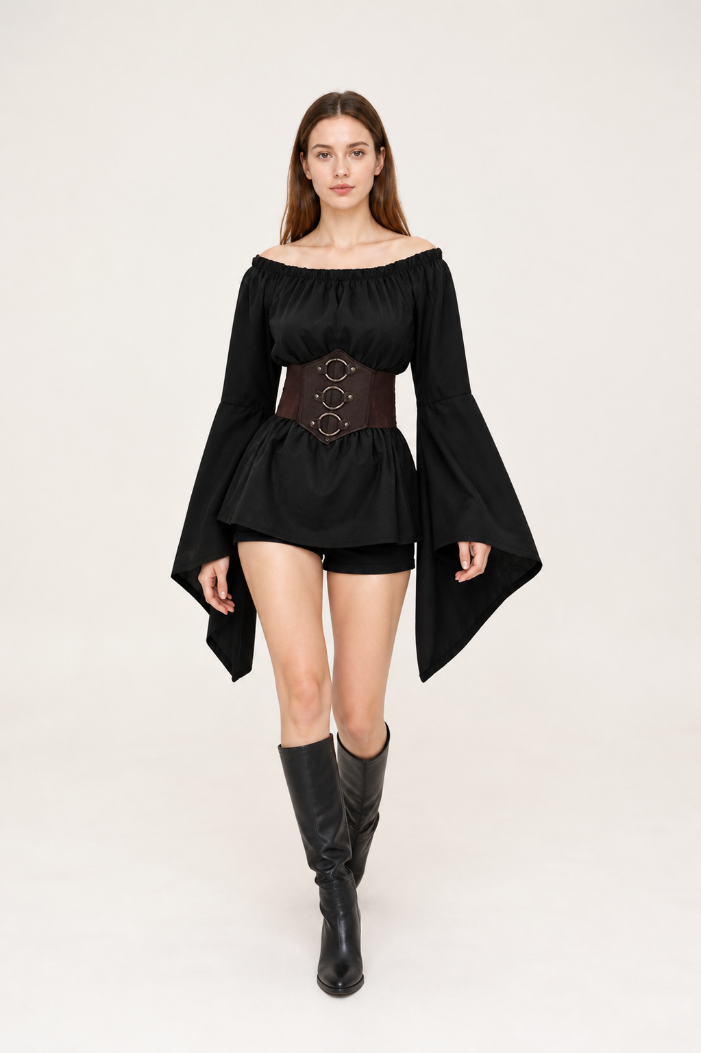 Black Long-Sleeve Blouse with Belt for Cosplay Costumes detail 2