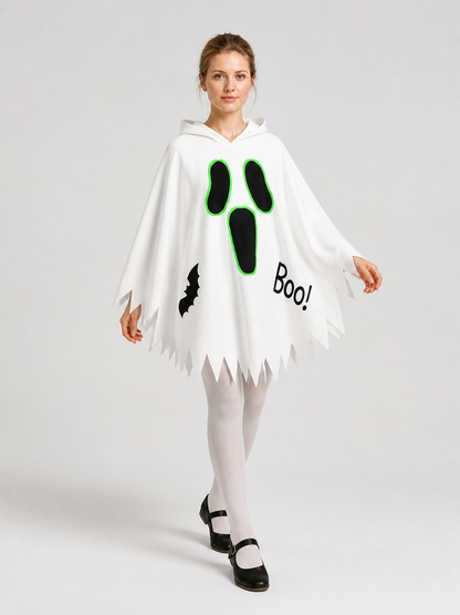 White Halloween Hooded Cape with Ghost Print on-model alternate view