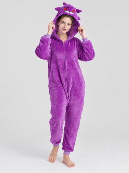 Purple Hooded Jumpsuit Pajamas with Cartoon Face