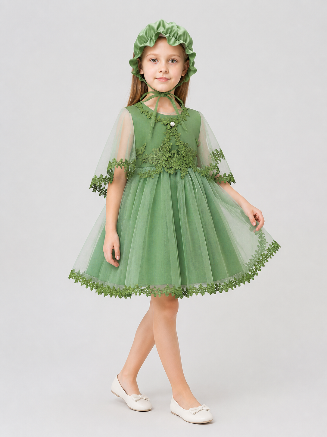 Dress Set with Hat, Green, Tulle Costume Dresses detail 2