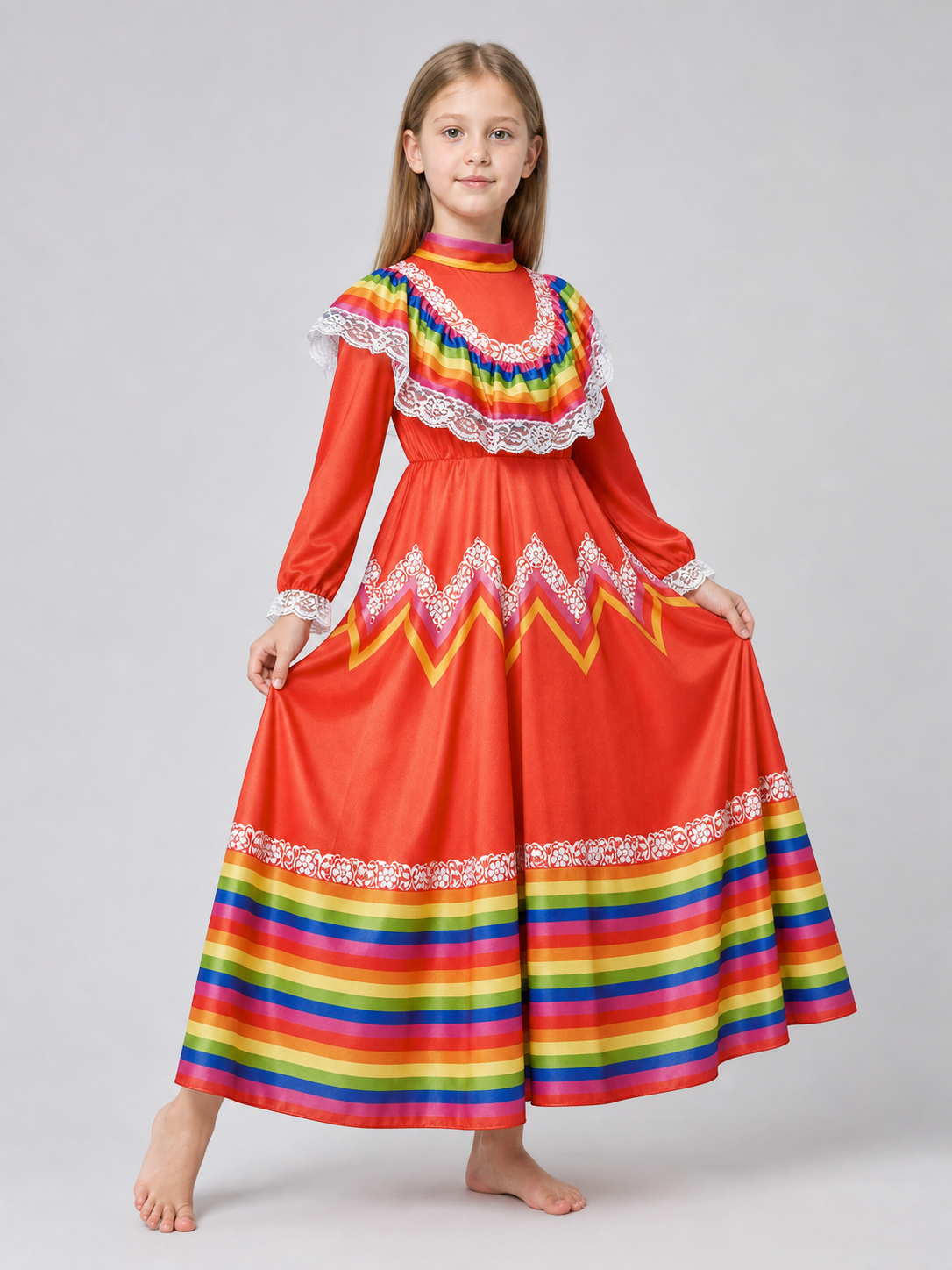 Folk Dress with Ruffles and Rainbow Inserts