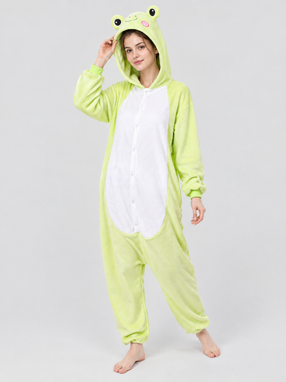 Hooded One-Piece Pajamas with Face Detail, Light Green