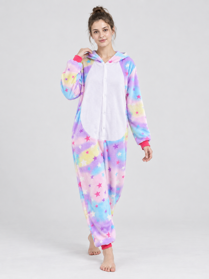 Flannel Hooded Pajama Jumpsuit with Star Print