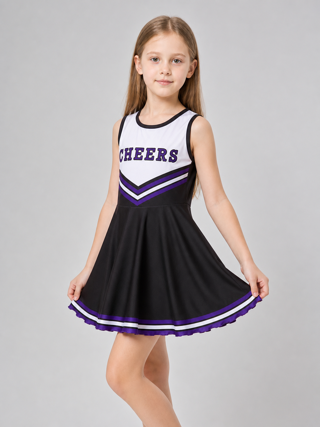 Cheerleading costume with pom-poms, dress, and leg warmers