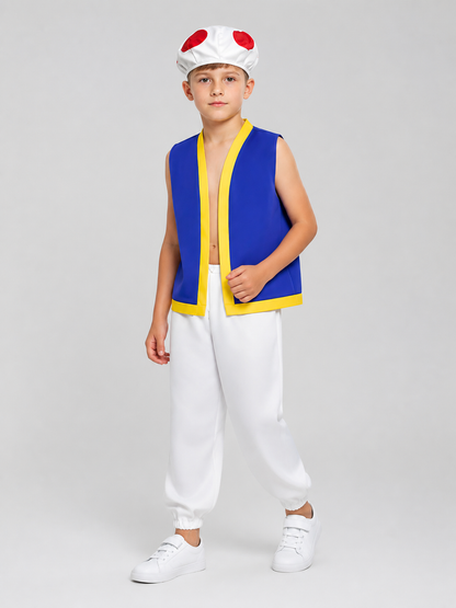 Toad Cosplay Costume: Blue Sleeveless Vest, White Pants, and Hat Costume Headwear detail 2
