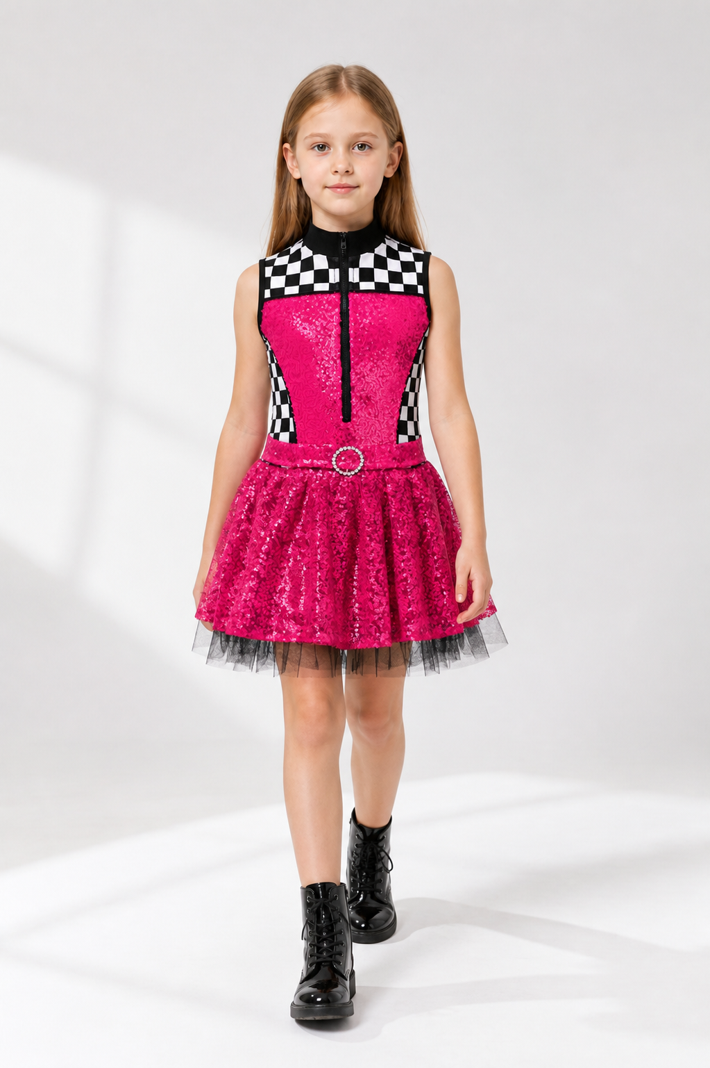 Halloween Dress with Checkered Print and Mesh Skirt