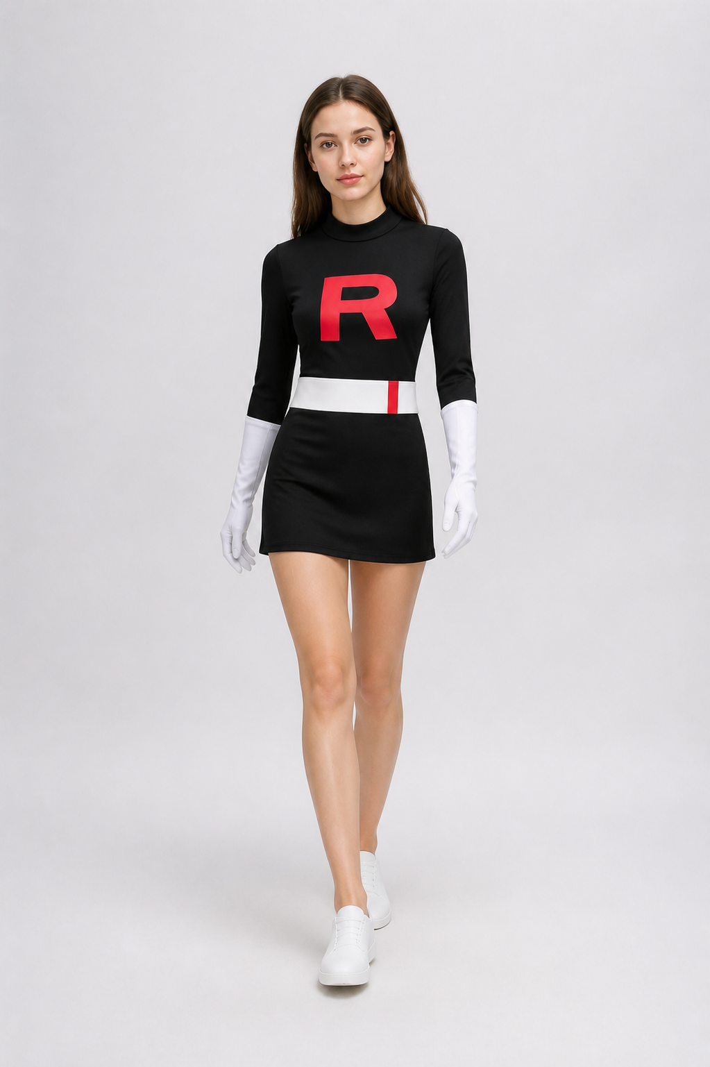 Black Cosplay Dress with a High Collar and the Letter R Costume Dresses detail 2