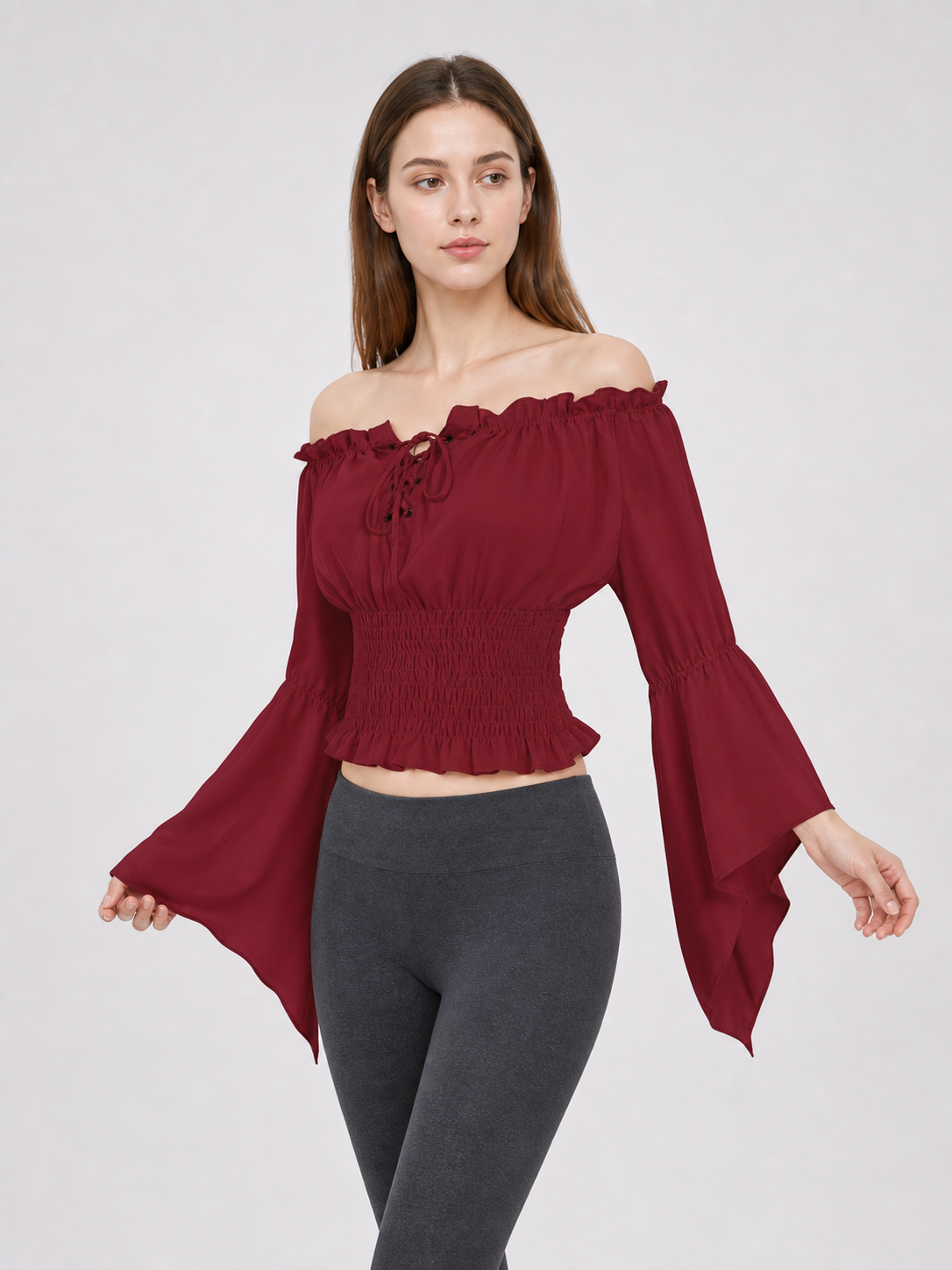 Cropped Off-the-Shoulder Lace-Up Blouse
