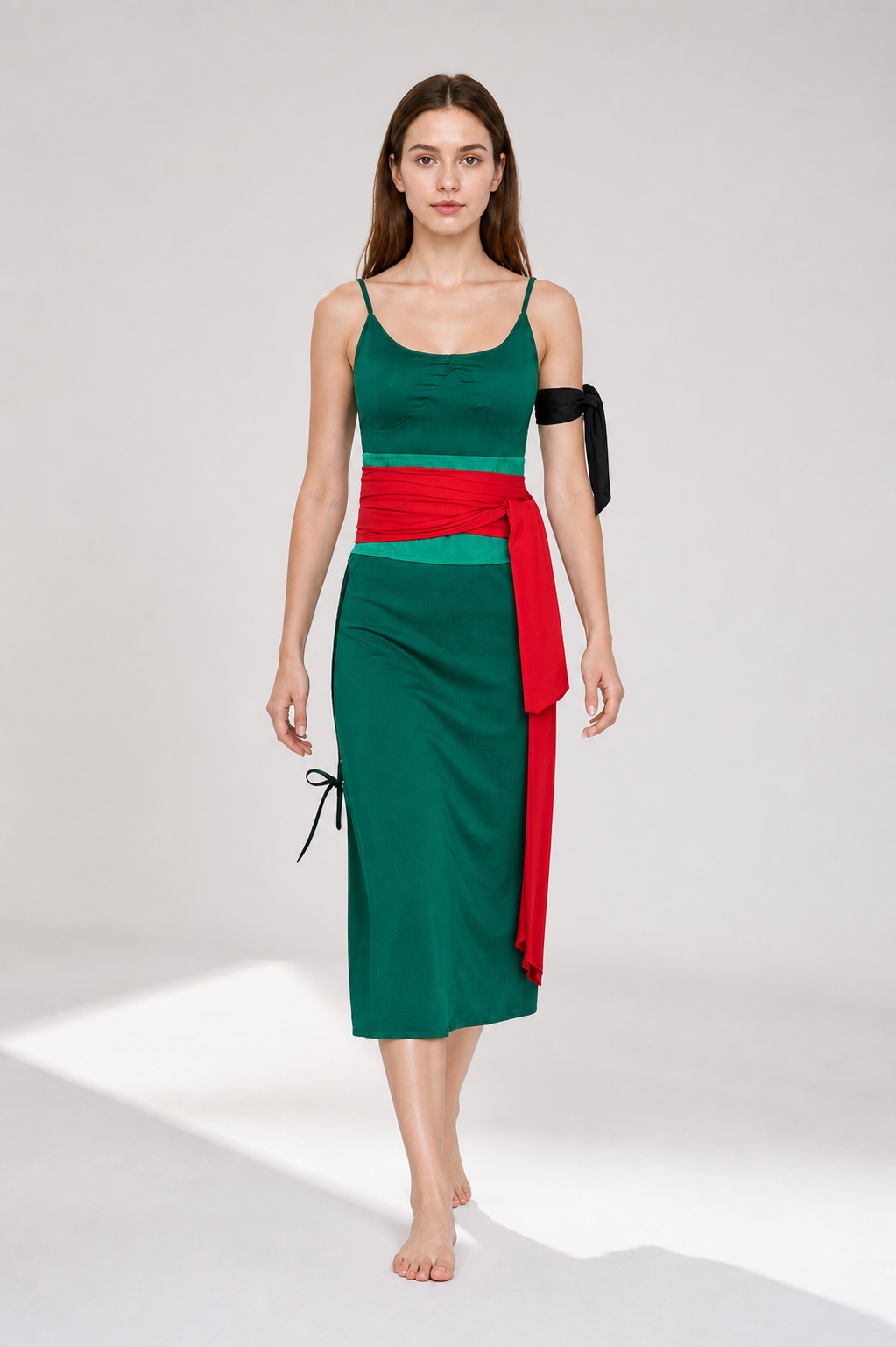 Green Sleeveless Anime Cosplay Dress with Red Belt Costume Dresses detail