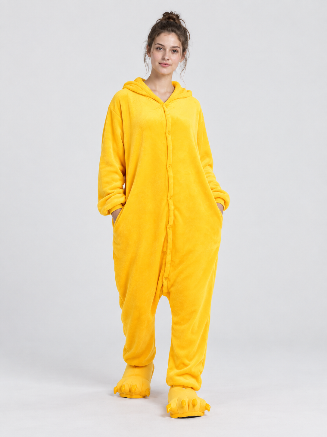 Yellow Fleece Hooded Pajama Jumpsuit with Pockets