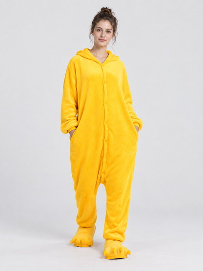 Yellow Fleece Hooded Pajama Jumpsuit with Pockets