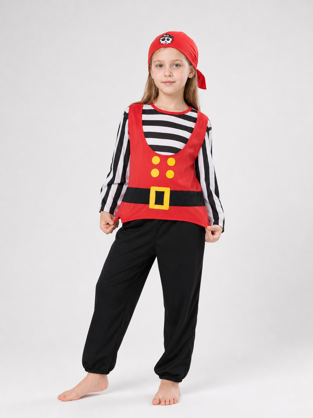 Girl wearing a red pirate vest over a striped long-sleeve top, with yellow buttons, black belt detail and black pants