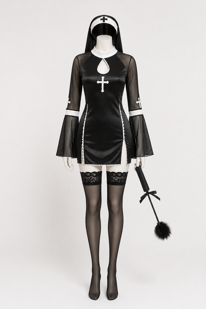 Black and White Nun Costume with Cross for Halloween Costumes detail 2