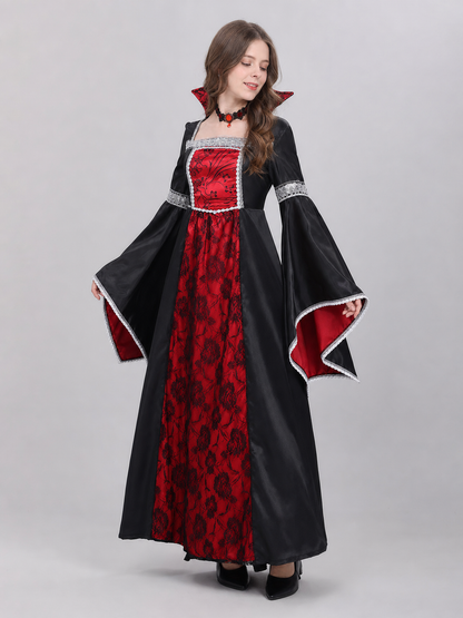 Red and Black Long Dress with Cape and Necklace