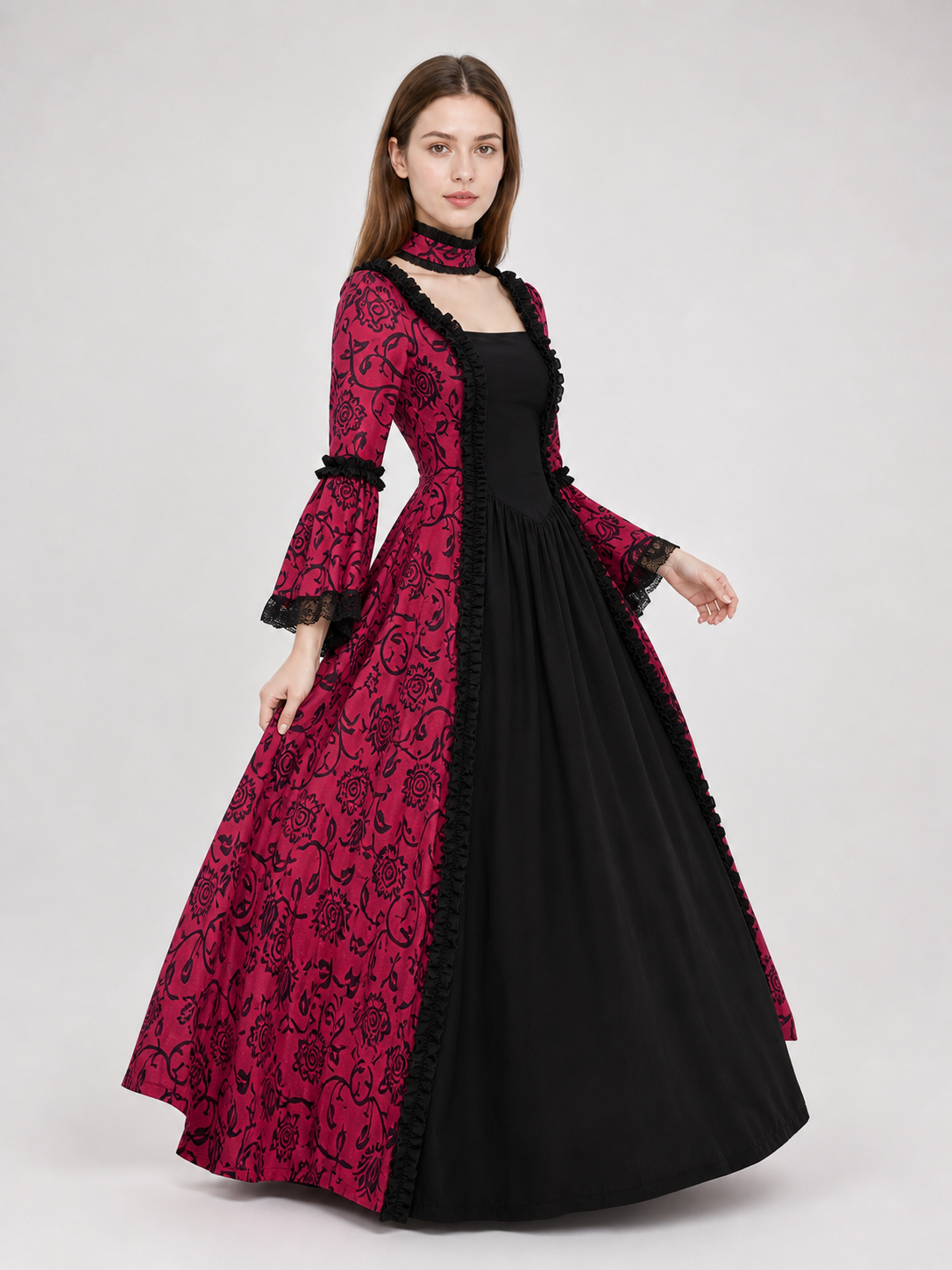 Women’s Gothic Medieval Court Costume Dress 2pcs Set With Neck Accessory, Red Black Scroll Print, Square Neck Long Sleeve Cosplay Outfit